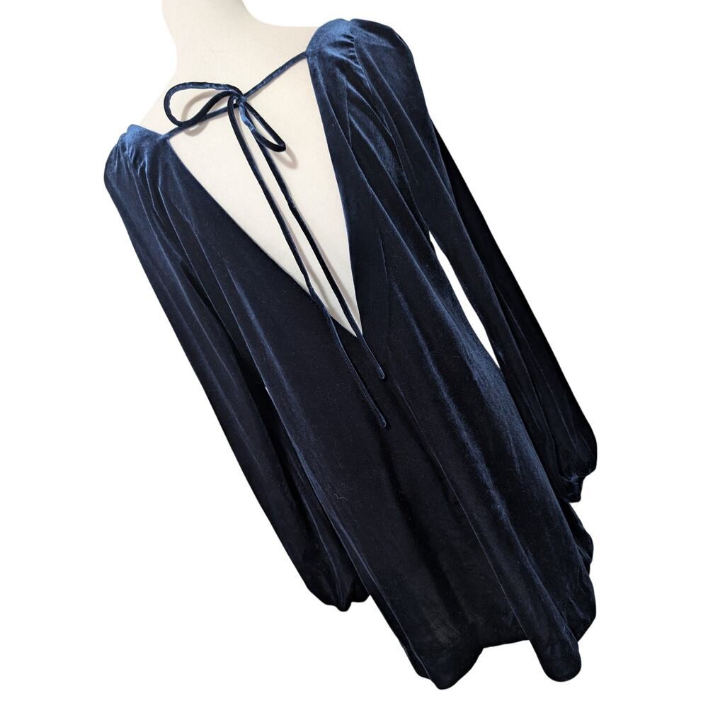 FREE PEOPLE! LUXE ROYAL BLUE STRETCH VELVET, POUF SLEEVE, OPEN BACK DRESS! SZ M